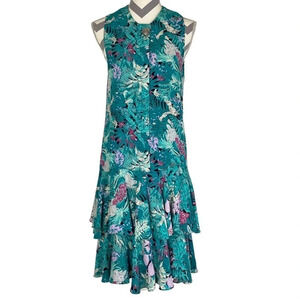 Vintage 90s Ruffled Tropical Print Dress Womens Size 6 Small Midi Floral Granny